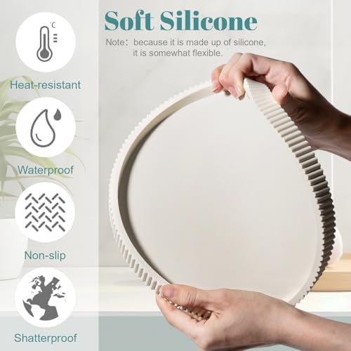 Silicone Bathroom Tray Round Perfume Tray Coffee Table Decor, 10" Beige