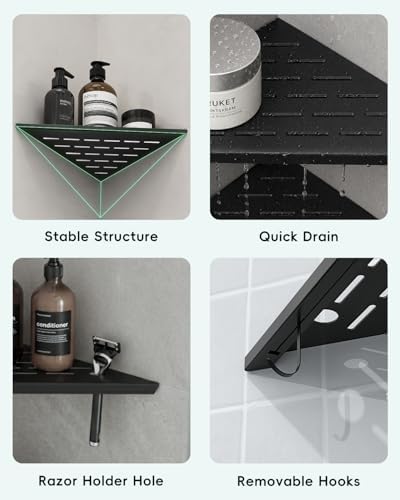 DAYONE Bathroom Corner Shower Shelf 2 Pack 12" Matte Black, SUS304 Stainless Steel Slot Design Recessed Organizer Shelves with 2 Hooks and 2 Holes, for Tiled Wall