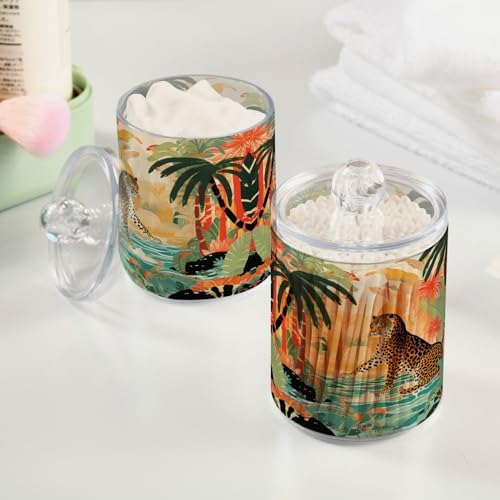 MNSRUU 2 Pack Qtip Holder Organizer Dispenser Cheetah and Forest Pink Bathroom Storage Canister Cotton Ball Holder Bathroom Containers for Cotton Swabs/Pads/Floss