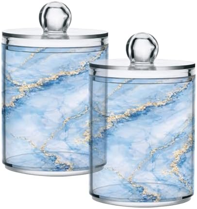 MNSRUU 2 Pack Qtip Holder Organizer Dispenser Sky Blue Marble Bathroom Storage Canister Cotton Ball Holder Bathroom Containers for Cotton Swabs/Pads/Floss