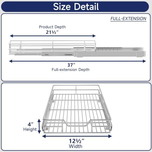 Pull Out Cabinet Organizer, 12.5" W x 21.5" D, Heavy Duty Chrome Slide Out Shelf for Narrow Base Cabinets, Sliding Wire Basket Drawer for Spices, Bottles, Snacks & Cleaning Supplies