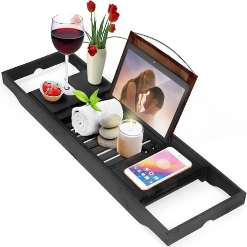 Homemaid Living Luxury Bamboo Bathtub Trays for Tub - Expandable Bathroom Tray with Reading Rack or Tablet Holder, Premium Bath Tray with Wine Glass Holder, Bathroom Caddy, Fits All Bathtubs (Black)