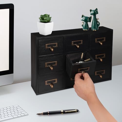 Apothecary Cabinet with 9 Drawers Card Catalog Cabinet, Library Card Catalog Drawer with Metal Handles & Label Slot Wooden Desk Drawer Organizer for Herb Storage, Tea Collection (Black)