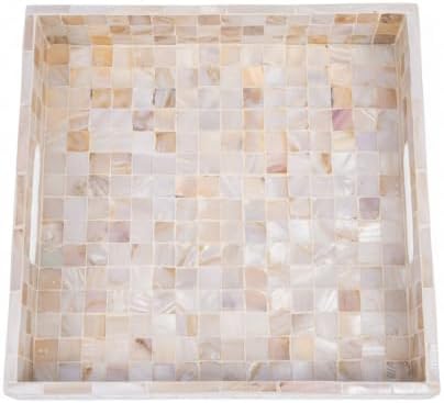 PEMAR 10" Mother of Pearl Catchall Tray for Coffee Table, Entryway, Nightstand. Square Serving Tray Wooden Luxury Decorative Handmade Eating Platters w Insert Handles (White Cream Squares Pattern)