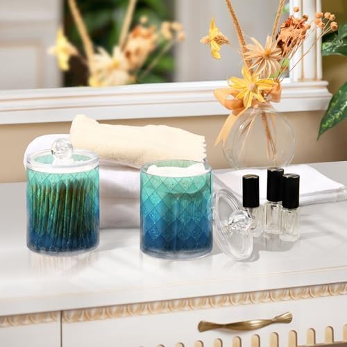 MNSRUU 2 Pack Qtip Holder Organizer Dispenser Marble Hexagon with Tropical Plants Bathroom Storage Canister Cotton Ball Holder Bathroom Containers for Cotton Swabs/Pads/Floss