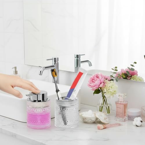 Clear Bathroom Accessory Set, Glass Foam Soap Dispenser and Toothbrush Holder Set, Bathroom Soap and Toothbrush Holder Set, Glass Foaming Hand Soap Dispenser for Countertop Decor