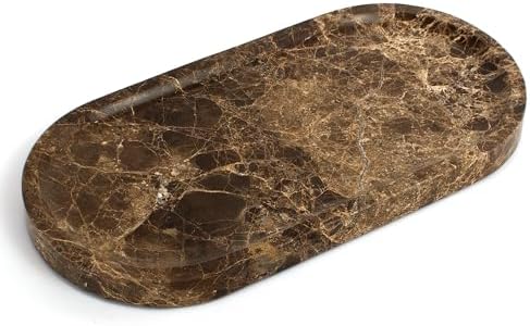 YMXYJM Genuine Real Natural Marble Tray for Bathroom, Luxury Dark Brown Stone Vanity Tray, Decorative Oval Trays for Countertop Storage, Vanity, Dresser, Kitchen, Home Decor, 11.8" x 6", Brown