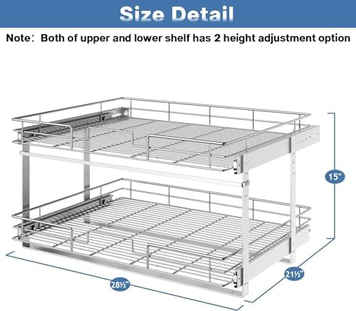 ROOMTEC Pull Out Cabinet Organizer (28½"W x 21½"D),2 Tier Pull Out Storage Shelf Drawer Basket,Sliding Shelves for Base Cabinet Organization in Kitchen, Bathroom, Pantry