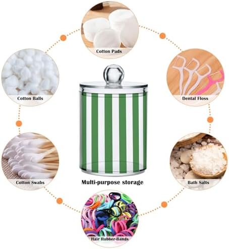 ALAZA Green White Striped 2 Pack Qtip Holder Dispenser for Cotton Swabs, Balls, Pads, Floss 10 oz Plastic Canister Organizer
