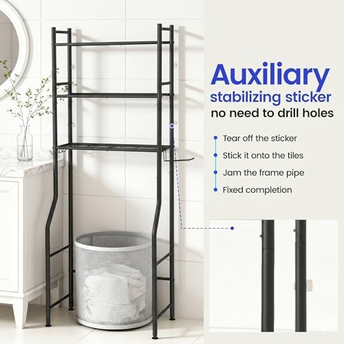 Premium 3-Tier Over The Toilet Storage, Heavy Duty Carbon Steel Bathroom Organizer Space Saver with Paper Holder & Hooks, Freestanding Renter-Friendly Shelves Rack Above Commode, Matte Black (63" H)