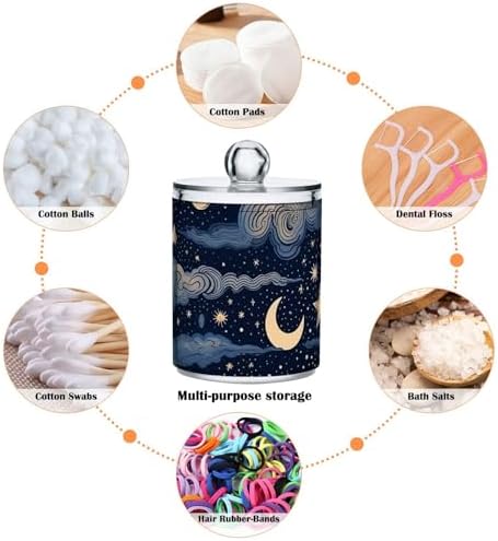 4 Pack Apothecary Jars Bathroom Stars and Moon Qtip Holder Dispenser Clear Plastic Storage Canister Jar with Lid for Cotton Ball, Cotton Swab