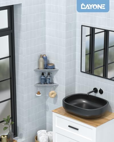 DAYONE 2 Pack Corner Shower Shelves 10", Chrome 304 Stainless Steel Recessed Bathroom Shelf with Razor Holding Hole and 2 Hools, for Tiled Wall No Drilling Needed
