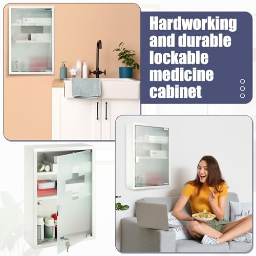 Timgle First Aid Wall Cabinet with Lock Medicine Wall Mounted Bathroom Storage Hanging Medical Cabinet with Safety Glass Door for Bathroom (3 Shelves,White)