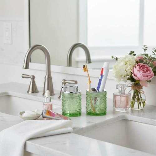 Green Bathroom Accessory Set, Glass Toothbrush Holder and Soap Dispenser Set, Foaming Soap Dispenser, Toothbrush and Toothpaste Holder, Bathroom Tumbler Cup for Countertop Decor