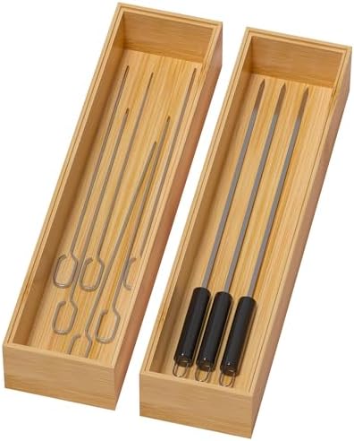Lixple Bamboo Drawer Organizer, Narrow Stackable Cutlery Tray for Kitchen, 2 Pcs Silverware & Utensil Box, 12" x 3" x 2" (Outer), 11.3" x 2.3" x 1.77" (Inner)