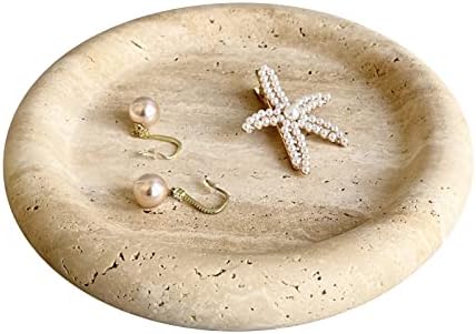 Natural Marble Round Vanity Tray Jewelry Makeup Dish Decorative Tray for Coffee Table,Bathroom,Bedroom (Beige Travertine)