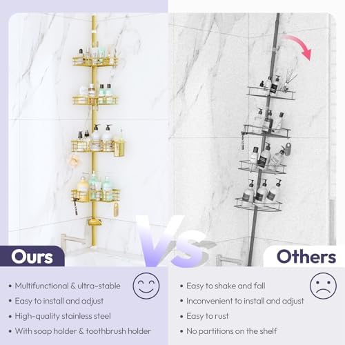SWTYMIKI Shower Caddy Tension Pole - 4-Tier Corner Shower Organizer Tension Rod with Soap Holder, Toothbrush Holder & 4 Hooks, Adjustable Stainless Steel Shower Shelves 27.6 to 108.3 inch, Gold