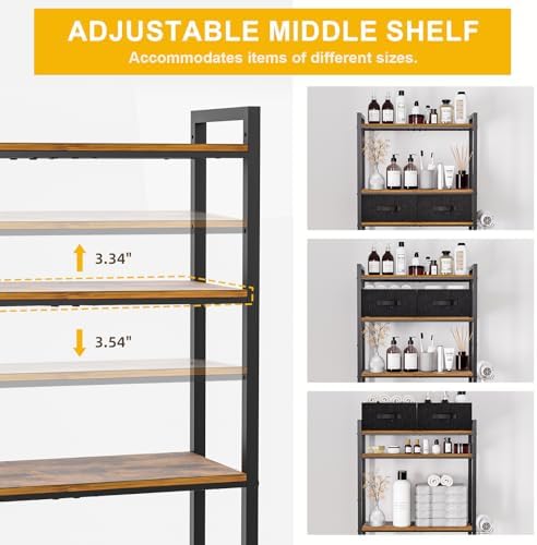 Over The Toilet Storage with Adjustable Wooden Shelves and 2 Fabric Drawers, 4-Tier Over Toilet Bathroom Organizer, Small Freestanding Storage Shelf for Toilet Paper, Towels, Toiletries