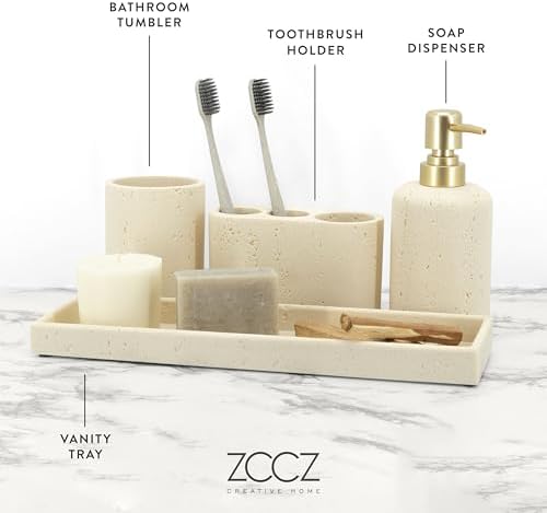 ZCCZ -Beige Bathroom Accessories Set 4 Pcs - Toothbrush Holder, Soap Dispenser, Vanity Tray, Bathroom Tumbler - Countertop Vanity Organizer - Bathroom Accessory Set- Toothbrush Holder Set, Stone Sets