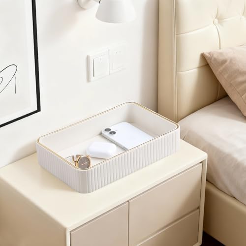Desk Organizer Tray, PU Leather Nightstand Organizer, Ivory Medium
