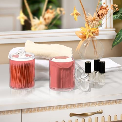 Gredecor 4 Pack Light Coral Qtip Holder Organizer Dispenser Clear Bathroom Storage Canister Cotton Ball Holder Bathroom Containers for Cotton Swabs/Pads/Floss