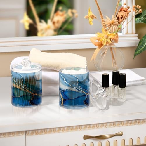 MNSRUU 2 Pack Qtip Holder Organizer Dispenser Blue White Marble Wave Bathroom Storage Canister Cotton Ball Holder Bathroom Containers for Cotton Swabs/Pads/Floss