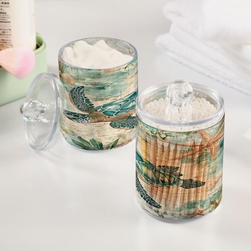 ALAZA Sea Turtle Starfish Map 4 Pack Qtip Holder Dispenser for Cotton Swabs, Balls, Pads, Floss 10 oz Plastic Canister Organizer
