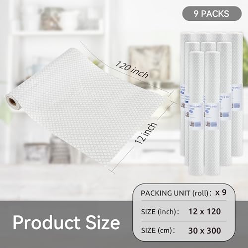 FIFTY FEET 12"x120" Non-Adhesive Shelf Liner for Kitchen Cabinets and Drawers, Washable Non-Slip PVC Cabinet Liner (White Circle)(9 Roll)