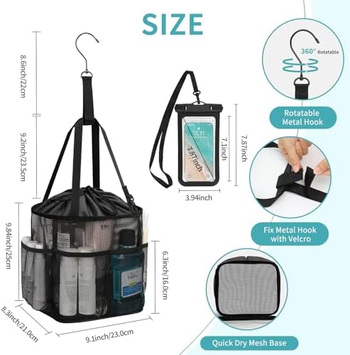Mesh Shower Caddy Portable for College Dorm Room Essentials, Hanging Shower Caddy with Waterproof Phone Pouch, Large Capacity Shower Bag Basket Tote for Bathroom, Gym, Camping, Swimming, Beach, Black