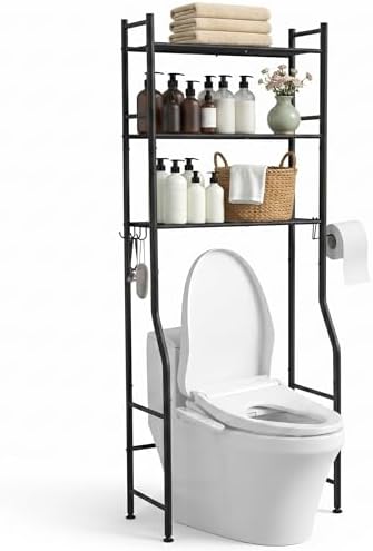 Premium 3-Tier Over The Toilet Storage, Heavy Duty Carbon Steel Bathroom Organizer Space Saver with Paper Holder & Hooks, Freestanding Renter-Friendly Shelves Rack Above Commode, Matte Black (63" H)