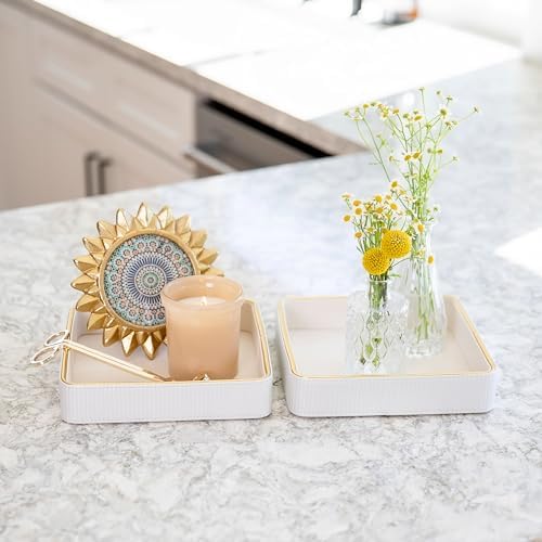 2 Pack White Catch All Trays for Jewelry| Small Leather Valet Tray| Key Bowl for Entryway Table EDC Trinket Tray CatchAll| Perfume Trays for Dresser Organizer Perfume Holder (Set of 2)