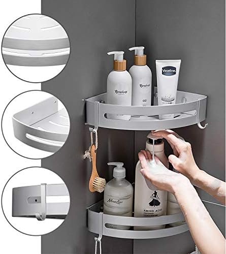 SEVENS No Drilling 2 Tiers Bathroom Corner Shelf Organizer for Shower Kitchen Storage Durable Space Aluminum Shower Caddy with Removable Hooks