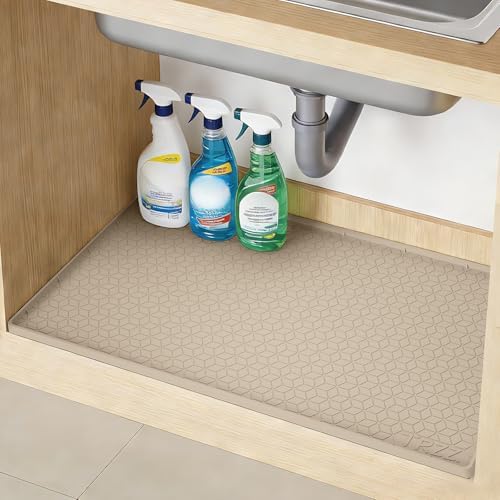 TRZZ Waterproof Under Sink Mat, 28"x22", Drip Tray Shelf Liner, Khaki