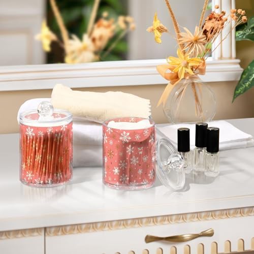 Gredecor 2 Pack Qtip Holder Clear Christmas Golden Pink Snowflakes Apothecary Jars with Lids Acrylic Christmas Winter Bathroom Jars Vanity Canister Storage Organizer for Cotton Ball,Swabs,Pads,Floss