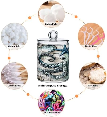 ALAZA Compass Kraken Starfish World Map 4 Pack Qtip Holder Dispenser for Cotton Swabs, Balls, Pads, Floss 10 oz Plastic Canister Organizer