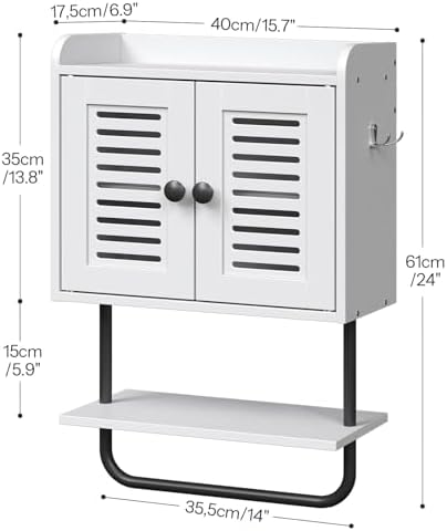 HOOBRO Medicine Cabinet, Double Doors Bathroom Wall Cabinet with Towel Bar, Adjustable Shelf, 2 Hooks, Over The Toilet Storage Cabinet, for Bedroom, Kitchen, White BW46CW01