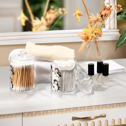 Fustylead 2 Pack Cute Hand Draw Cartoon Penguins Plastic Apothecary Jar Set for Cotton Swab, Ball, Pad, Floss, Qtip Holder Dispensers for Bathroom Storage Organizer