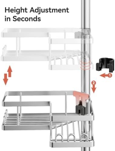 YASONIC Corner Shower Caddy Tension Pole, 25.7-109.1in Adjustable Shower Shelves, Rust-Resistant Shower Organizer, No-Drill 3-Step Installation, Bathroom Shelves for Renters & Family, Silver