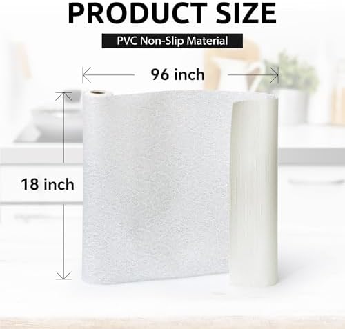 18X96 Inch Shelf Liner with Scissor & Tape Measure for Kitchen Cabinets, PVC Drawer Liner for Dresser Non-Slip Bathroom, Non-Adhesive Cabinet Liner Washable (White)