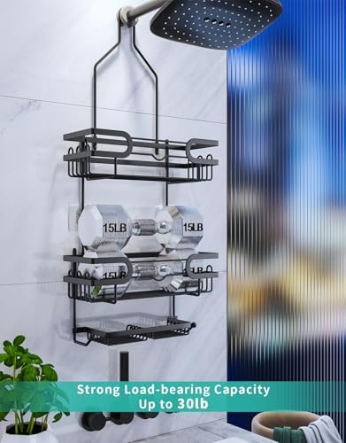 HapiRm Bathroom Hanging Shower Caddy - Rustproof & Waterproof Shower Shelf with 12 Hooks and 2 Soap Holders, No Drilling Bathroom Organizers and Storage - Black