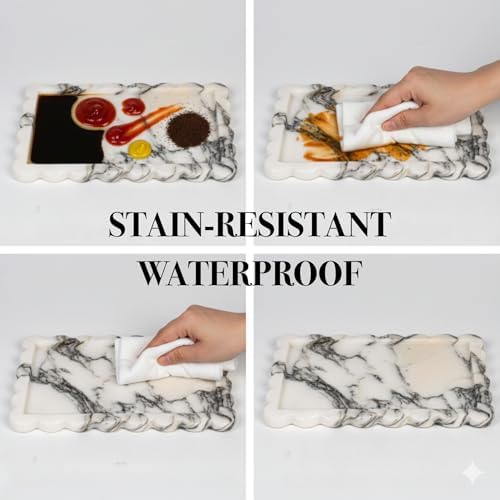 Wave Edge Rectangular Marble Tray for Home Decor for Bathroom/Kitchen/Vanity/Dresser Non-Resin (arabescato, 11.4“*7.8”)