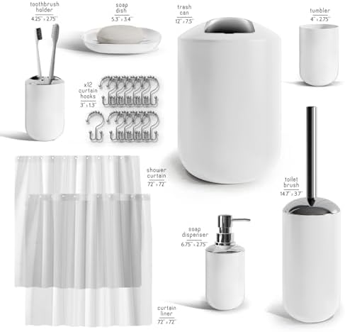 Clara Clark Bathroom Set - White Bathroom Accessories Set, 20PC Bathroom Accessory Set, Shower Curtain Set with Liner, Toothbrush Holder, Soap Dispenser, Soap Dish, Toilet Brush Holder, and Trash Can