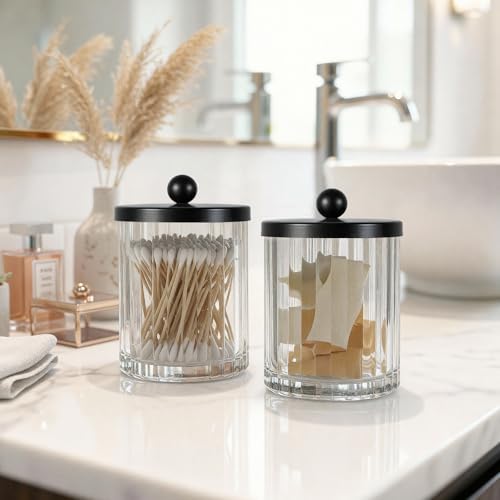 Amolliar Qtip Holder Dispenser, Clear Glass Apothecary Jar (Black 2 Pack)