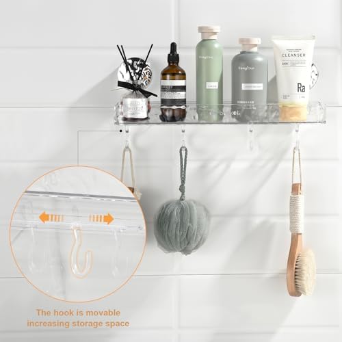 Shower Caddy Suction Cup, Wall Mounted Suction Shower Rack Organizer, No Drilling Clear Shelf Basket with 4 Movable Hooks, Bathroom Storage Rack Suitable for Smooth Walls