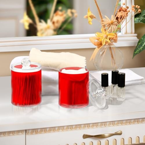 Gredecor 4 Pack Red Qtip Holder Organizer Dispenser Clear Bathroom Storage Canister Cotton Ball Holder Bathroom Containers for Cotton Swabs/Pads/Floss