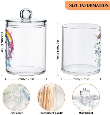 Fustylead 4 Pack Cute Unicorn with Rainbow and Stars Qtip Holder Dispensers, Bathroom Storage Canister Plastic Apothecary Jar Set for Cotton Swabs, Ball, Pads, Floss