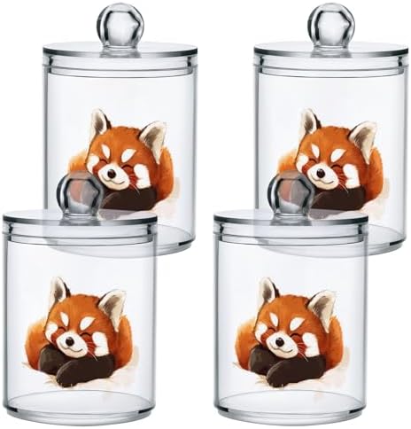 Fustylead 4 Pack Sleepy Cute Red Panda Plastic Apothecary Jars with Lid, Bathroom Vanity Storage Organizer Canister for Qtip, Cotton Ball, Swab, Round Pads, Floss
