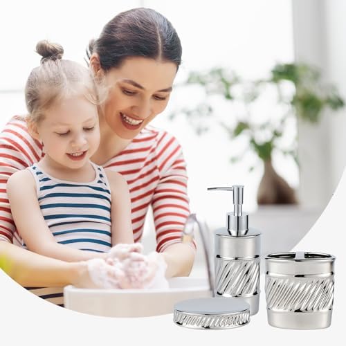 3-Piece Ceramic Bathroom Accessories Set - Soap Dispenser, Toothbrush Holder & Soap Dish with Modern Wave Embossed Design for Bathroom Accessory Set (Silver)