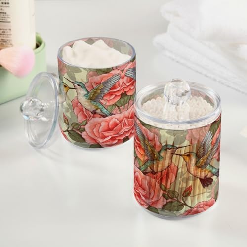MNSRUU 4 Pack Qtip Holder Organizer Dispenser Flowers and Hummingbirds Pink Bathroom Storage Canister Cotton Ball Holder Bathroom Containers for Cotton Swabs/Pads/Floss