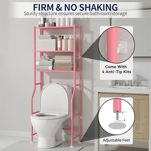 GloTika 3-Tier Over Toilet Storage, Anti-Wobble, Pink